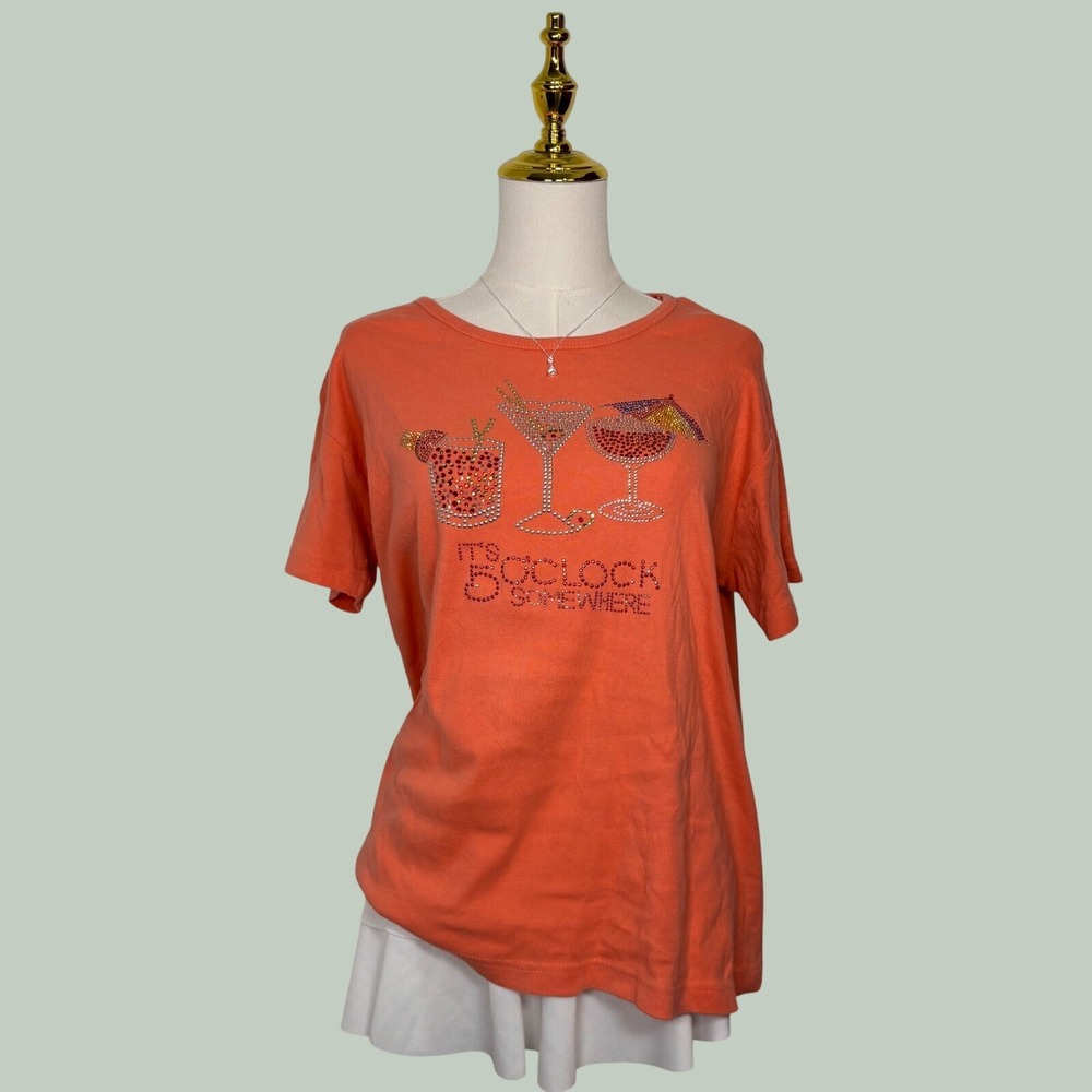 america‎ casual pink coral its 5 o'clock somewhere bedazzled top dad core y2k